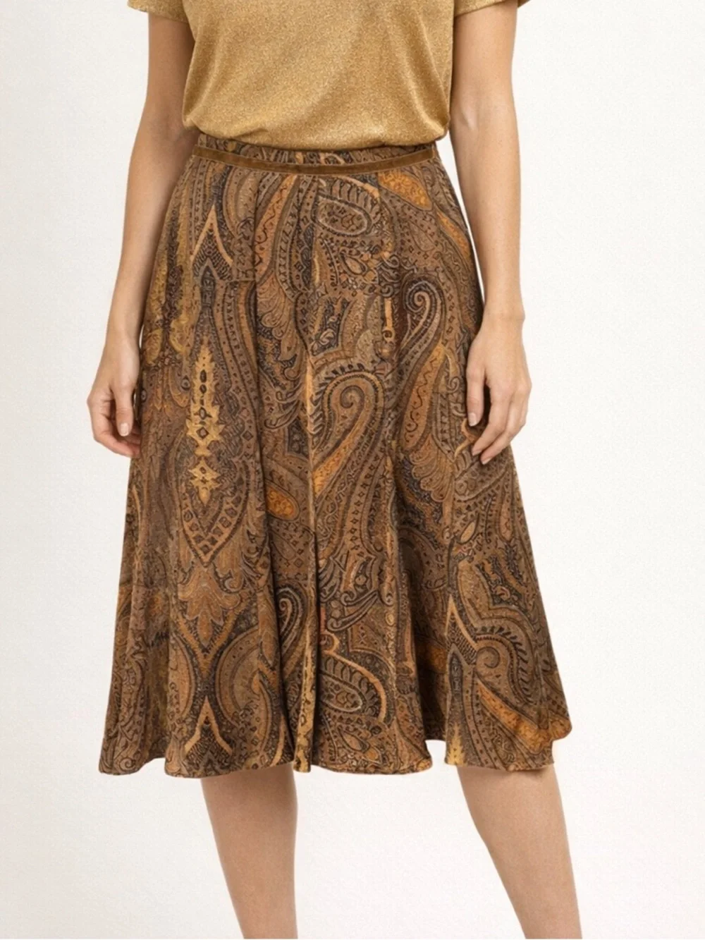 Anne Klein 100% Silk Bronze Paisley Knee-Length A-Line Skirt Ladies 4